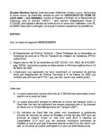 Alegaciones de la AVV de Gavà Mar al Plan de Transporte de Viajeros de Catalunya 2008-2012 para que se aclare si habrá un carril bus en la C-31 y si en este caso se mantendrán los dos carriles actuales de circulación para coches (28 de Febrero de 2008)